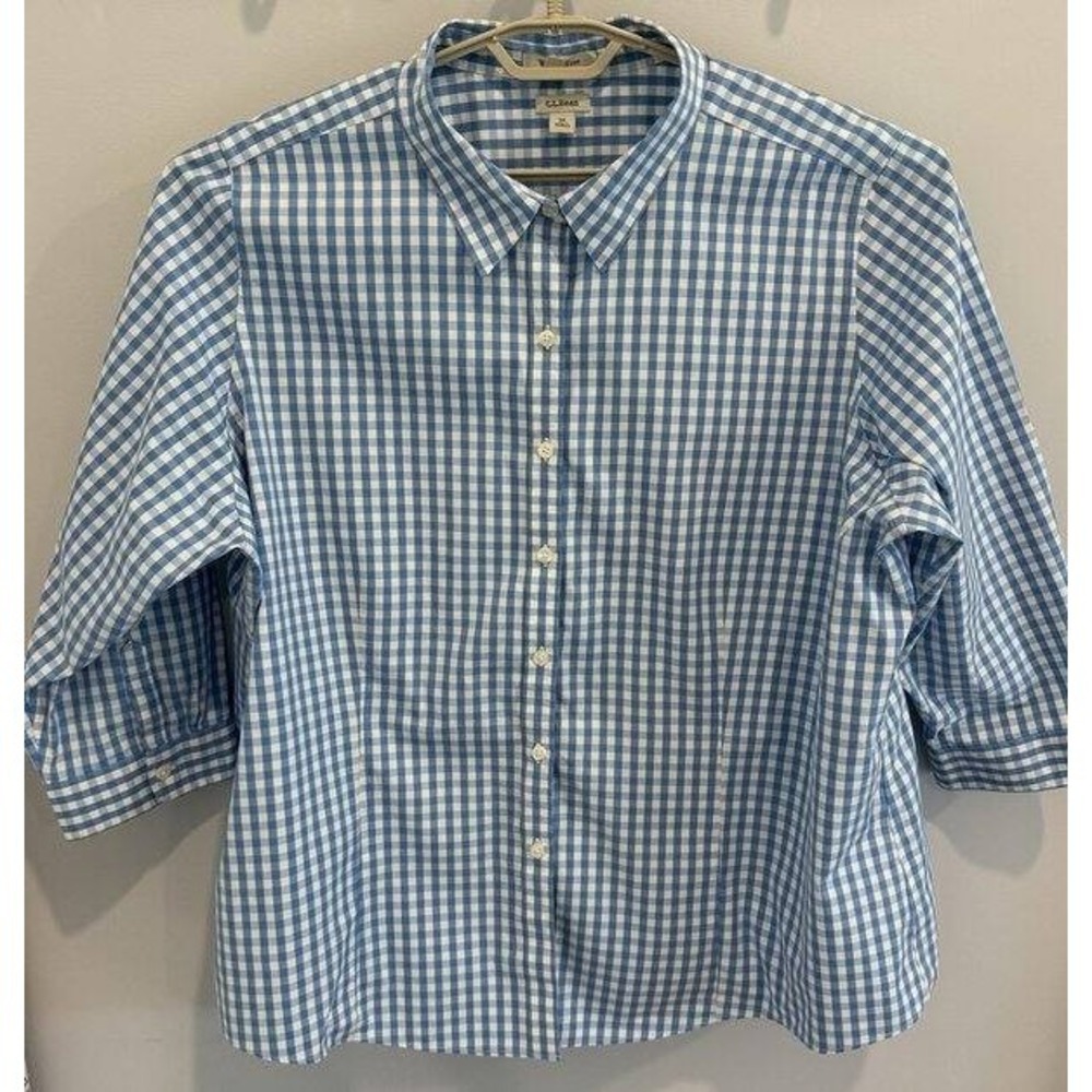 LL Bean Womens 3/4 Sleeve Wrinkle Free Blue Gingham Button Front Shirt Size 3X